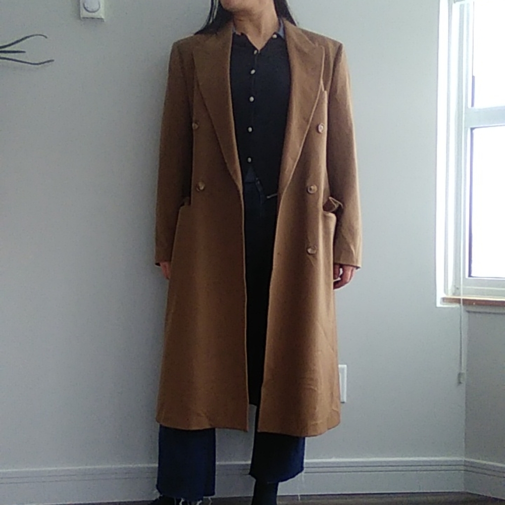 Loro Piana Hugo Boss vintage men's wool camel tan long trench coat peacoat Lrg - Picture 3 of 16